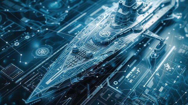 Futuristic battleship showcasing advanced technology and innovation in naval engineering and military design, set against a digital blueprint backdrop.