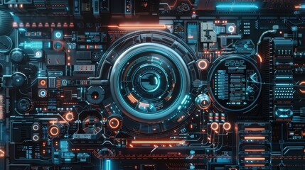 Fototapeta premium Futuristic circuit board with glowing blue and orange lights, showcasing advanced technology and intricate electronic components.