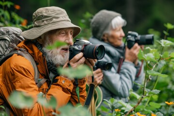 Fototapeta premium Senior couple photographing nature in forest 