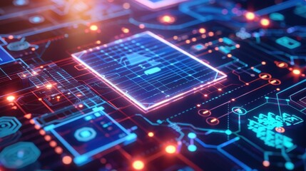 Futuristic circuit board with glowing lines and components, representing advanced technology and digital innovation.