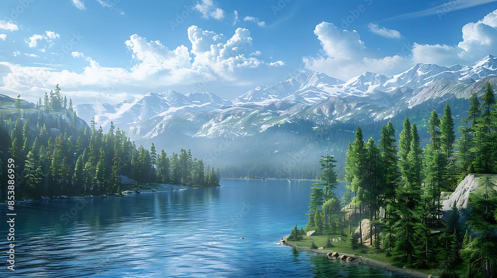 Wall mural Mountains, rivers and big trees The scenery is beautiful and mesmerizing