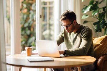 A young entrepreneur is working from home, focused on his laptop. The setting reflects a home office environment, capturing the essence of remote work and the modern work-from-home lifestyle. 