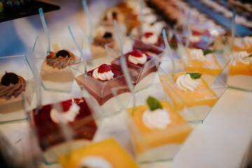 An assortment of beautifully arranged desserts, featuring vibrant fruits and delicate garnishes, perfect for a wedding celebration