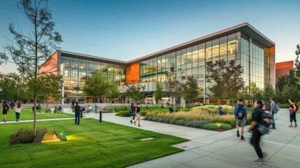 Students walking on a modern university campus on a sunny day with green landscapes, buildings, and pathways AIG59