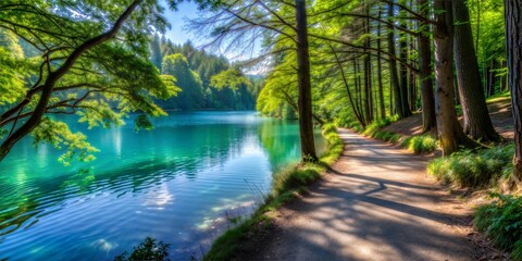 Obraz premium Lakeside Trail Blur: A tranquil lakeside trail with clear blue water and surrounding trees, perfect for a serene hiking adventure. 