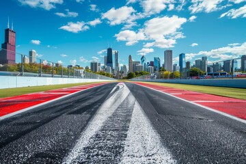 Obraz premium A horizontal, black and red race track in front of the skyline, with white space on both sides