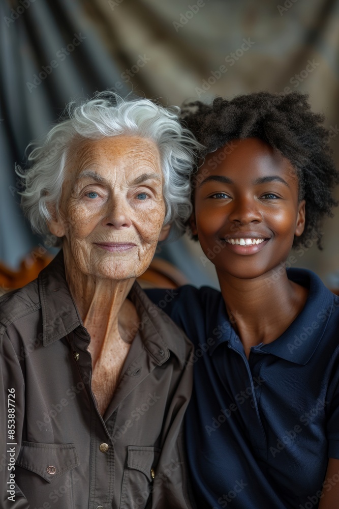 Sticker 2 females. One of them is an older Caucasian woman with short gray hair, wearing a new dark brown shirt, and is 100 years old. The other is a smiling 40-year-old black African American woman wearing a