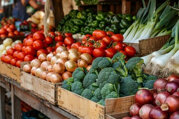  farmers market stall on a sunny day with onions, tomatoes, broccoli 