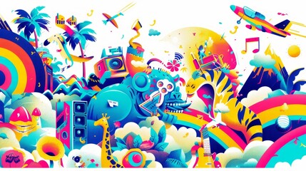 Obraz premium Music festival graphics, fun music concept, all kinds of animals and monsters playing music and enjoying the music.