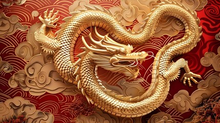 Fototapeta premium Majestic Golden Chinese Dragon Coiled in Traditional Decorative Patterns
