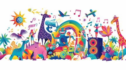 Fototapeta premium Music festival graphics, fun music concept, all kinds of animals and monsters playing music and enjoying the music.