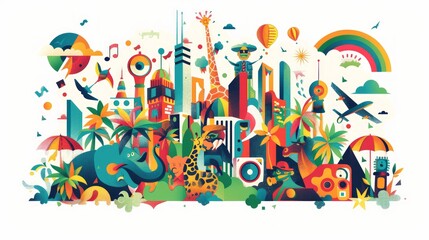 Music festival graphics, fun music concept, all kinds of animals and monsters playing music and enjoying the music.