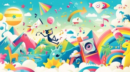 Music festival graphics, fun music concept, all kinds of animals and monsters playing music and enjoying the music.