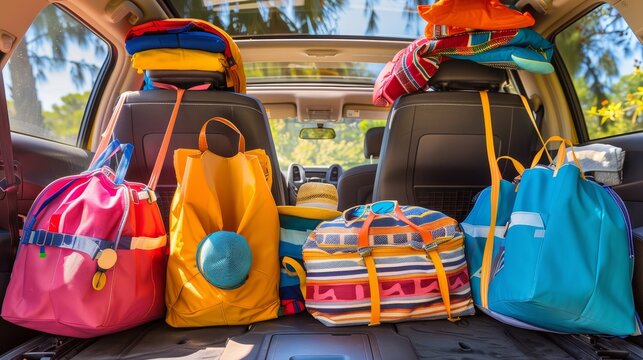 Car's backseat loaded with summer vacation items, beach gear and colorful bags, ready for a fun-filled road trip