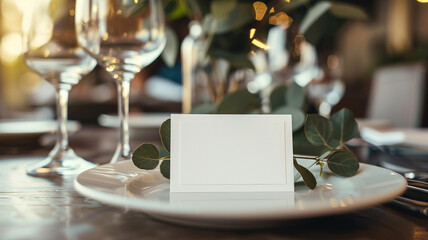 white blank folded card on wedding table.