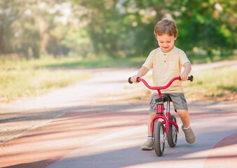 Little Boy Biking in Park on Sunny Day. Outdoor Healthy Fun Activity for Kid.