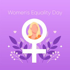 Square banner Women's Equality Day. Beautiful blonde girl in the sign of Venus. Purple