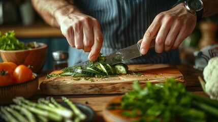 Closeup of hands using a knife to slice vegetables on a wooden board, with a kitchen background