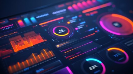 Obraz premium Futuristic dashboard interface with vibrant data visualizations, graphs, and charts. High-tech UI concept for data analytics and monitoring.