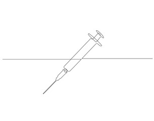 Continuous one line drawing of medical syringe. One line drawing illustration of injection syringe. Vaccine, World health day concept Single line. Editable outline.