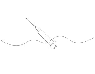 Continuous one line drawing of medical syringe. One line drawing illustration of injection syringe. Vaccine, World health day concept Single line. Editable outline.