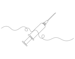 Continuous one line drawing of medical syringe. One line drawing illustration of injection syringe. Vaccine, World health day concept Single line. Editable outline.