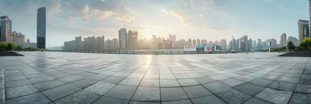 Wall mural A wide-angle shot of the empty square, overlooking an urban skyline in China with gray clouds and sunlight shining on it