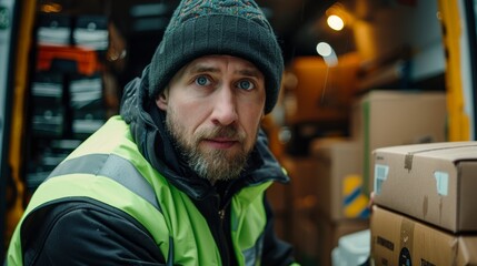 scared courier in neon green vest and black cap with many parcels in van