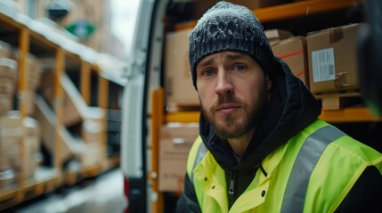 scared courier in neon green vest and black cap with many parcels in van