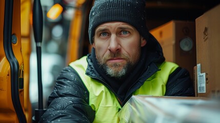 scared courier in neon green vest and black cap with many parcels in van