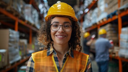 Smiling female warehouse worker with a yellow helmet and orange vest, wearing glasses standing in front of boxes at work
