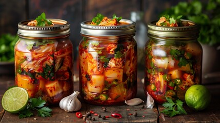 Three jars of kimchi, with limes and garlic on the side, against a wooden background. The glass jar is filled below fullness with various types of Korean kimchis.