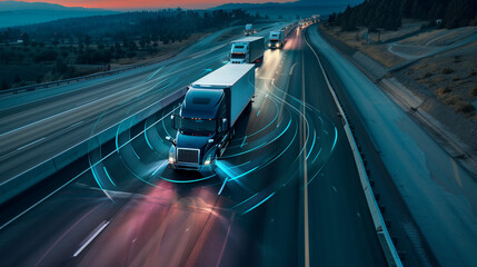 Aerial view of autonomous truck driving on autopilot on a highway with traffic sensors scanning surroundings, Cargo delivery, transportation of the future, Artificial intelligence, Self