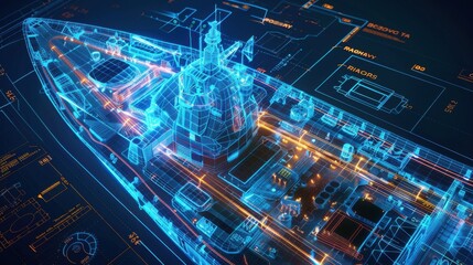 Futuristic digital blueprint of a ship, showcasing advanced design and technology with glowing elements and detailed schematics.