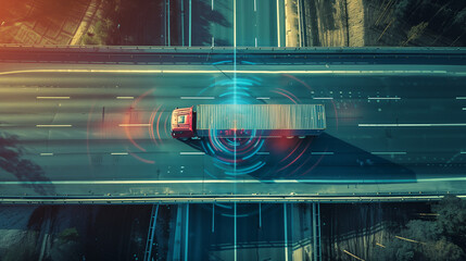 Aerial view of autonomous truck driving on autopilot on a highway with traffic sensors scanning surroundings, Cargo delivery, transportation of the future, Artificial intelligence, Self
