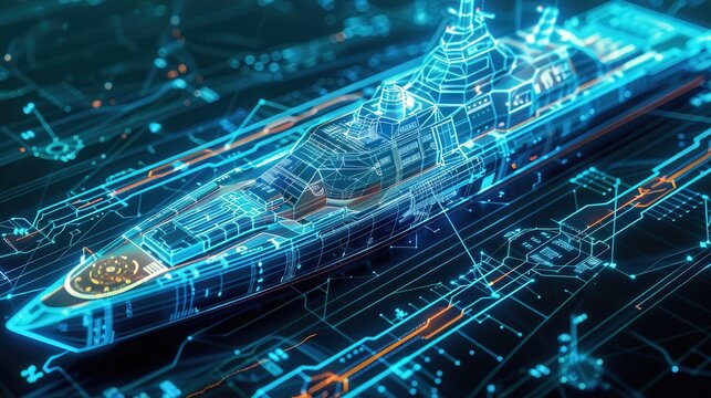 Futuristic digital blueprint of a high-tech warship in a holographic style, showcasing advanced military technology and intricate details.