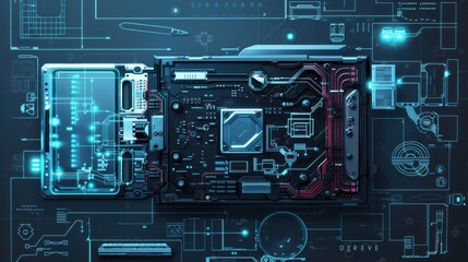 Fototapeta premium Futuristic digital circuit board with glowing components and schematic diagrams, representing advanced technology and innovation.