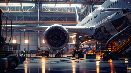 Hyper-realistic view of a passenger aircraft undergoing engine and fuselage repair intricate details of the maintenance process airport hangar 