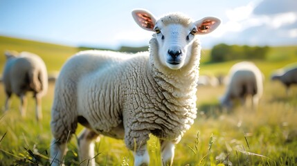 Naklejka premium Ecofriendly sheep grazing in an open field, showcasing the environmental impacts of animal agriculture and marketing innovations.