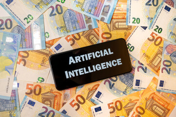 Device with AI, on banknote background. Value and earnings of using artificial intelligence.