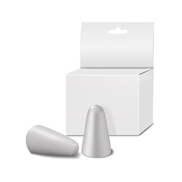 Earplugs with white blank carton packaging box. Realistic 3d vector mock-up. Ear plugs. Mockup. Template for design