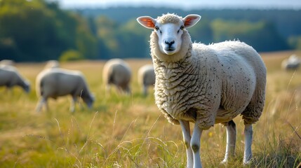 Naklejka premium Ecofriendly sheep grazing in an open field, showcasing the environmental impacts of animal agriculture and marketing innovations.
