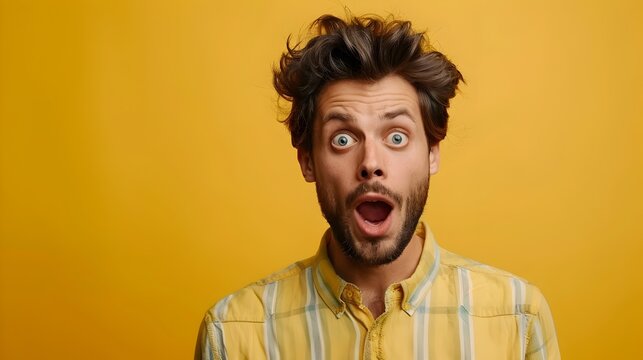 Shocked Man with Surprised Facial Expression on Yellow Studio Background