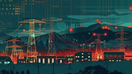 Futuristic digital illustration of a power grid with high voltage towers, cityscape and data overlay, representing smart energy networks.
