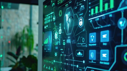 Futuristic digital interface displaying data analytics and global technology trends in a modern workspace.