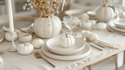 Beautiful table setting with white tableware and white pumpkins and flowers for Thanksgiving dinner