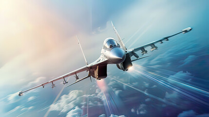 Fototapeta premium Hyper-realistic view of a military airplane speeding through the sky intricate details and motion blur on the aircraft blue sky with soft clouds precise and bright illumination