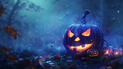 Naklejka premium Beautiful festive background for Halloween with pumpkins. AI Generated