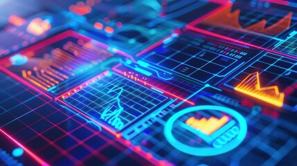 Futuristic digital interface with data visualization charts and graphs, representing modern technology and data analysis.