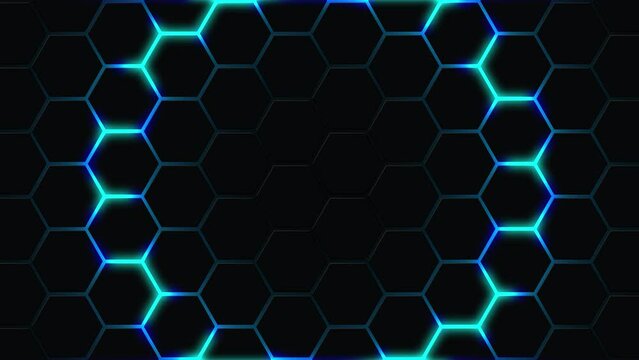 Pattern of hexagons on a black background. Symmetrical honeycomb structure on a dark gradient. An energetic pulse of circular blue color. Geometric digital shape. Vector linear structure of a wasp